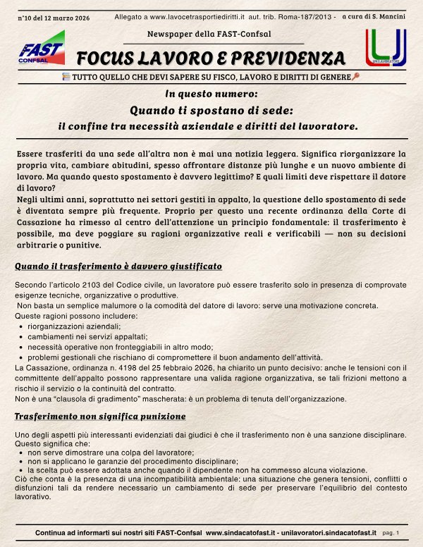N. 10 2026 Focus Lavoro e Previdenza - Quando ti spostano di sede: il confine tra necessità aziendale e diritti del lavoratore